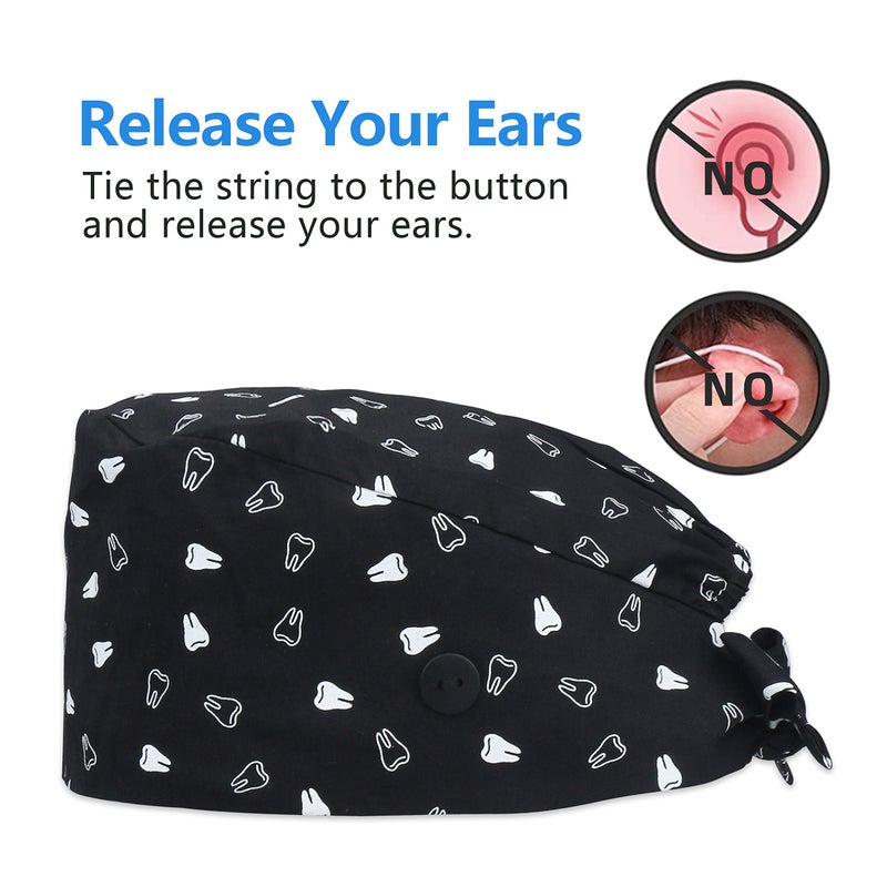 QBA Adjustable Working Cap with Button  Satin Lined Scrub Hat  Cotton Working Hat Sweatband  Elastic Bandage Tie Back Hats for Women & Men  One Size  #Satin-Lined Tooth BLK - Image 4